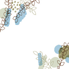 手描きの植物ベクター線画と水彩絵の具のテクスチャーフレーム。Textured frame with hand-drawn botanical vector line drawings and watercolors.