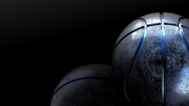 Blue metallic basketball under black-white lighting background. Concept 3D CG of propaganda for the team, advertisement for the league finals and the fruits of the players' efforts.