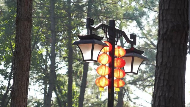 orange lantern hung on street light pole 