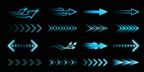 set of neon glowing blue arrows design.
