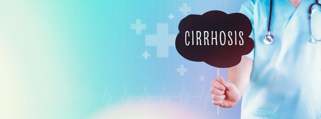 Cirrhosis. Doctor holding sign. Text is in speech bubble. Blue background with icons