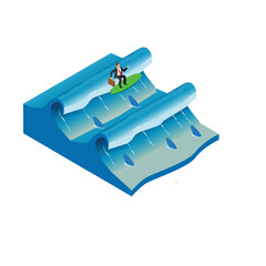 Businessman riding big wave on surfing board 3d isometric vector illustration concept for banner, website, landing page, ads, flyer template