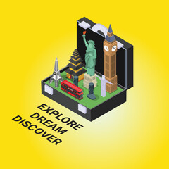Open suitcase with landmarks - travel concept 3d isometric vector illustration concept for banner, website, landing page, ads, flyer template