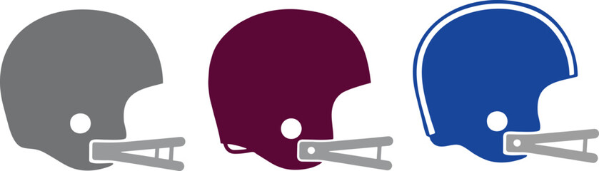 Set of three different vector vintage old school football helmets. Flat design Vector objects