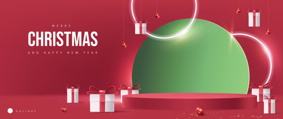 Merry Christmas banner with product display cylindrical shape and gift box red bow decoration red background