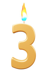 Birthday candles number 3 with burning flames. 3d rendering celebration symbol png