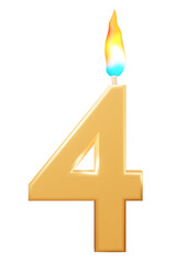 Birthday candles number 4 with burning flames. 3d rendering celebration symbol png