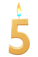 Birthday candles number 5 with burning flames. 3d rendering celebration symbol png