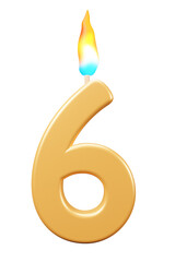 Birthday candles number 6 with burning flames. 3d rendering celebration symbol png