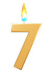 Birthday candles number 7 with burning flames. 3d rendering celebration symbol png