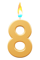 Birthday candles number 8 with burning flames. 3d rendering celebration symbol png