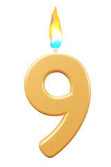 Birthday candles number 9 with burning flames. 3d rendering celebration symbol png