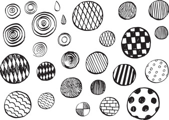 Various round illustrations drawn by pen. (monochrome)