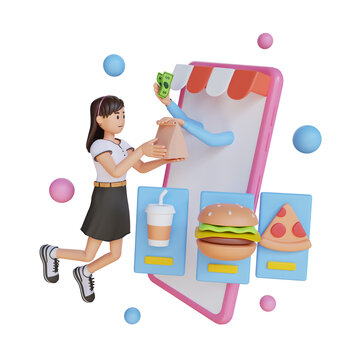 young girl doing online food shopping 3D character illustration