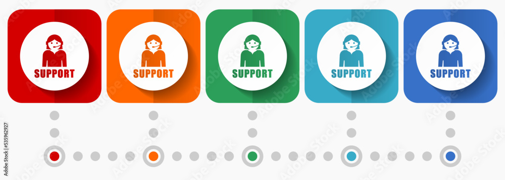 Poster support vector icons, infographic template, set of flat design call center symbols in 5 color option