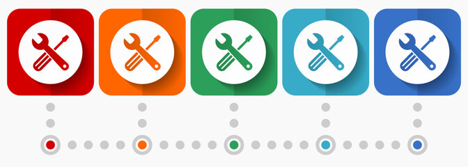 Tools vector icons, infographic template, set of flat design service symbols in 5 color options