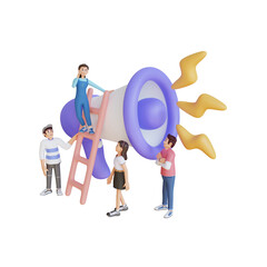 group of young people with big megaphone, 3D character illustration
