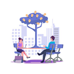 Business meetings and brainstorming tree with bulbs and ideas flat