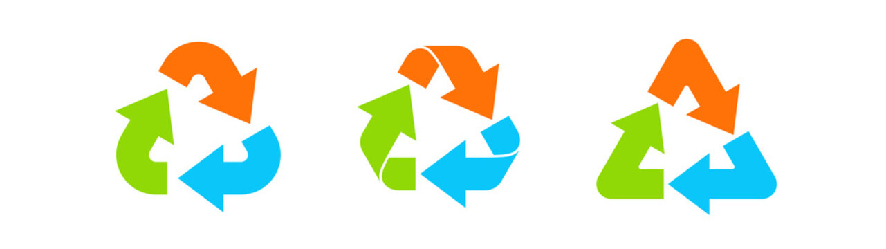 Three arrows triangle rotation. Circulation and recycling concept. Three types icons.