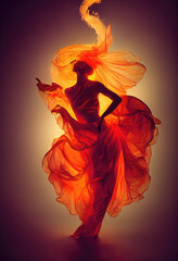 Woman in waving dress as a flame dancing with flying fabric