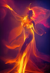 Woman in waving dress as a flame dancing with flying fabric