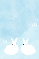 白兎のカップル。水色の質感ある背景テンプレート。年賀状や兎の記念日