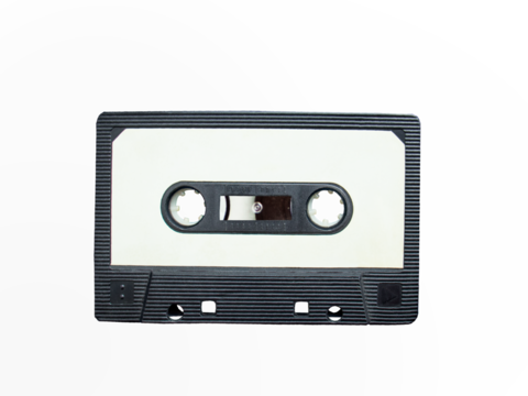 black plastic audio cassette with white sticker isolated on white background,Template mockup for text
