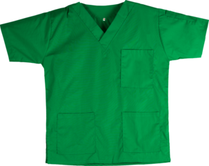 Green scrubs uniform isolated on transparent background. Green shirt with pockets for veterinarians, doctors, dentists, or nurses. Medical uniform. Medical clothes. Surgeon scrubs uniform.