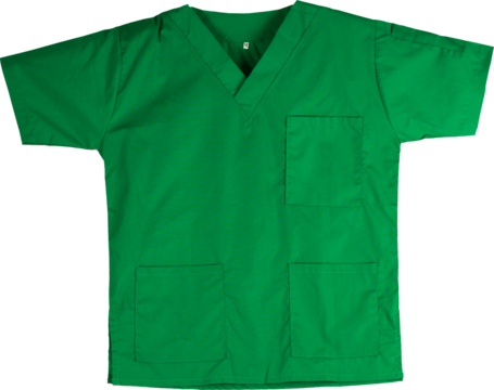 Green scrubs uniform isolated on transparent background. Green shirt with pockets for veterinarians, doctors, dentists, or nurses. Medical uniform. Medical clothes. Surgeon scrubs uniform.