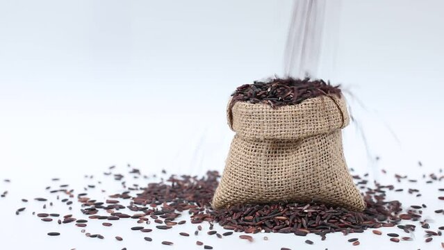 dropping rice berry in sack bag on white