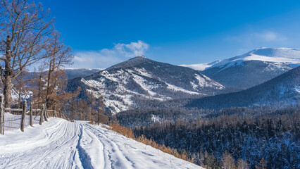 The road, trodden in the snow, runs along the hillside. Tire and snowmobile tracks are visible. A...