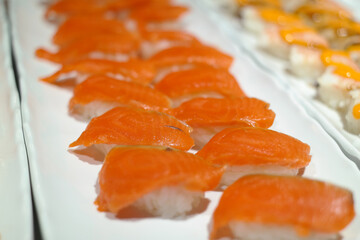 Salmon sushi served at the buffet
