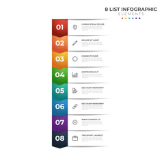 List Diagram with 8 points of steps, colorful business infographic element template vector.
