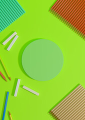 Bright, neon green 3D illustration back to school product display one podium or stand top view, flat lay, from above with pencils, chalk and books on table for product photography background