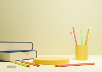 Pastel, light, citrus yellow 3D illustration back to school product display podium or stand, horizontal image from the side with pencils and books on table for product photography background