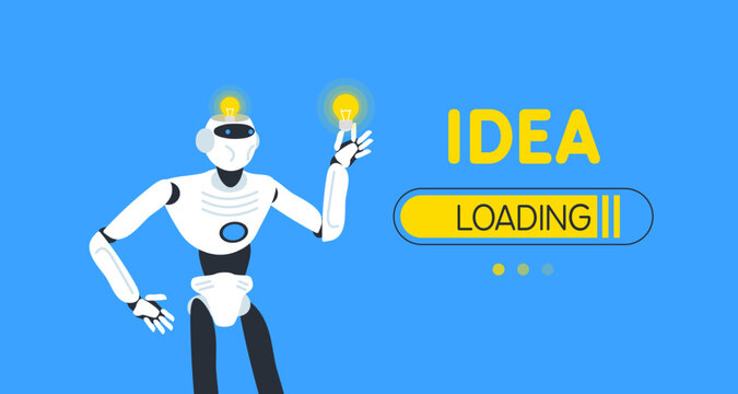 idea loading creative concept robot humanoid holding lightbuld vector illustration