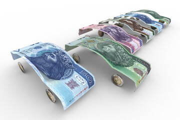 Banknoty Złotego Polskiego uformowane w kształt karoserii samochodowej
