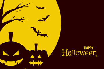 Happy halloween vector illustration design with pumpkin face, bat and moon landscape banner.