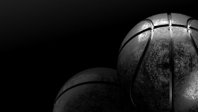 Black metallic basketball under black-white lighting background. Concept 3D CG of propaganda for the team, advertisement for the league finals and the fruits of the players' efforts.