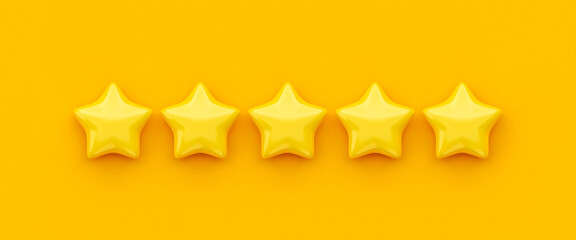 Yellow five star rating review best quality ranking icon on excellent satisfaction 3d background of service rate user experience symbol or success customer feedback rank sign and product evaluation.