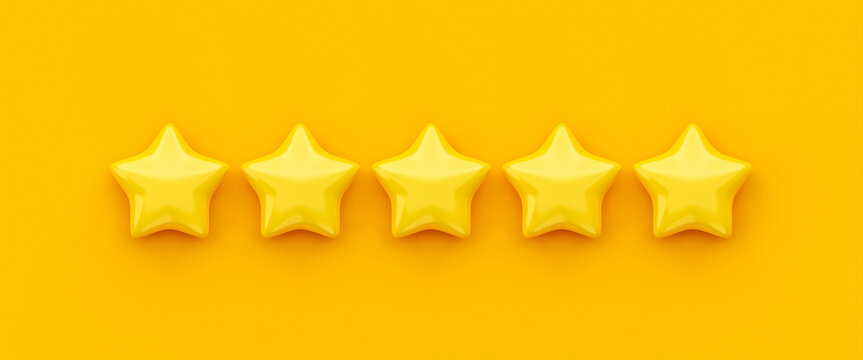 Yellow five star rating review best quality ranking icon on excellent satisfaction 3d background of service rate user experience symbol or success customer feedback rank sign and product evaluation.