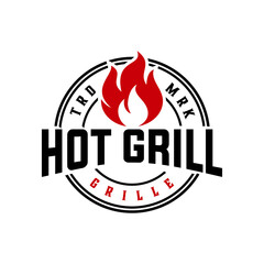 barbecue fire vector template. grill steak graphic illustration in badge emblem patch style.