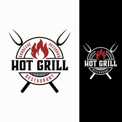 barbecue fire vector template. grill steak graphic illustration in badge emblem patch style.