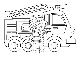 Coloring Page Outline Of cartoon fire truck with fireman or firefighter. Professional transport. Coloring Book for kids.