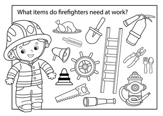 Puzzle Game for children. Coloring Page Outline Of cartoon fireman or firefighter. Profession. Fire extinguishing tools. Coloring book for kids.