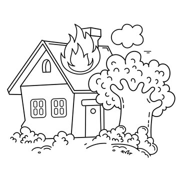 Coloring Page Outline Of cartoon burning house. Fire or flame. Coloring Book for kids.