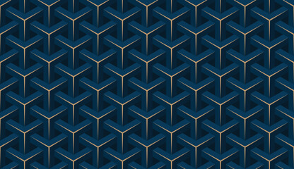 Abstract background in blue and golden color. 3D geometric wallpaper. Seamless pattern.