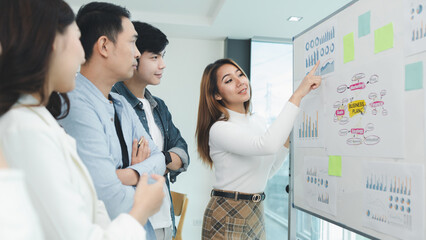 A group of startup management people are having a brainstorming meeting in the conference room, with supervisors and employees meeting and solving problems. Company management concept.