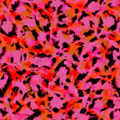 Abstract bright blurry wild chaotic smeared leopard skin spots seamless pattern Vivid pink background
