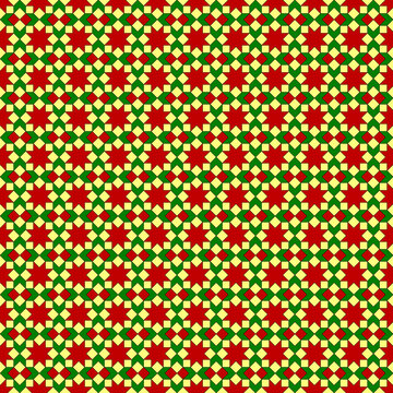 Bright geometric Happy New Year and Merry Christmas seamless pattern with red poinsettia flowers, rhombuses and squares